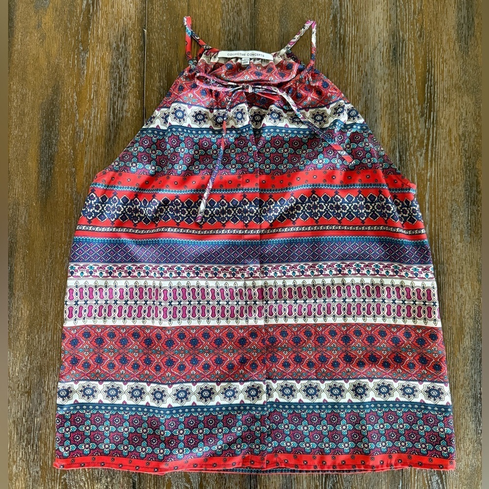 Collective Concepts Women’s Red and Blue Patterned Button Down Halter Top Size M